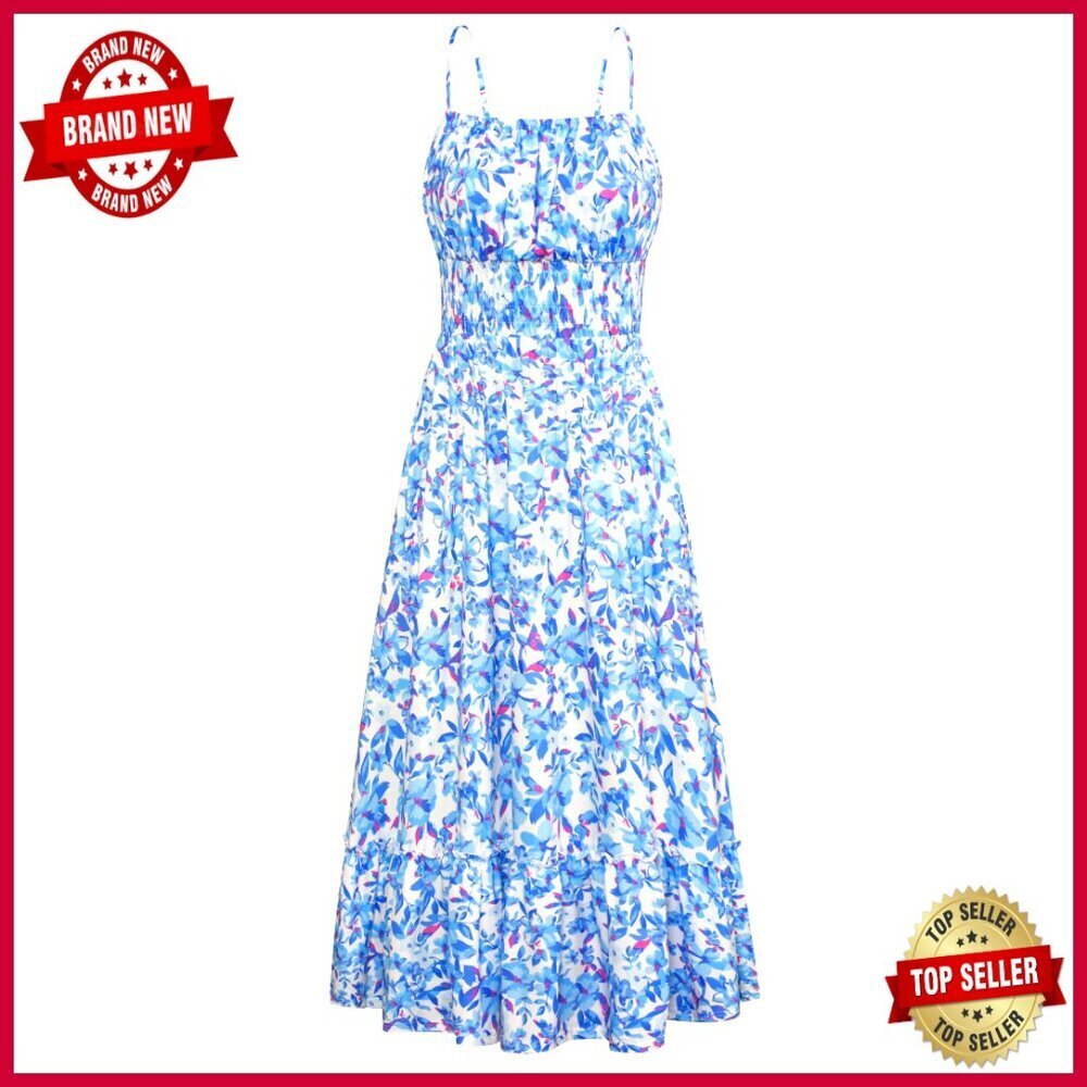 Smocked Floral Maxi Dress Boho Chic Summer Vacation Sundress with Pockets